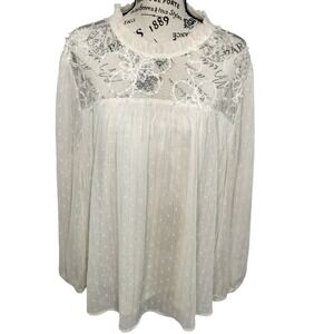 Sweet Rain Cream‎ Lace Yoke Swiss Dot Metallic Stripe Blouse Keyhole Button 1X